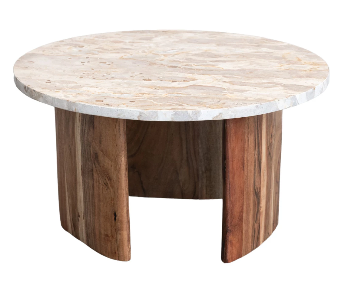 Marble & Acacia Wood Coffee Table 24" Round x 13.25"h by Homeportonline