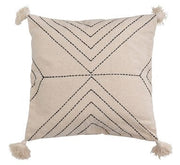 Pillow Cotton Blend Embroidered With Corner Tassels Natural & Black 18" Square by Homeportonline