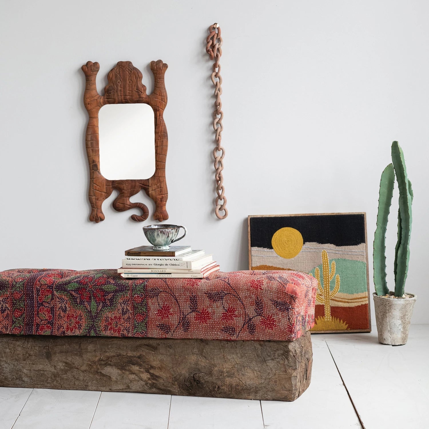 Bench Kantha Stitch Upholstered Trough Base Found Wood 40" W x 16"H by Homeportonline