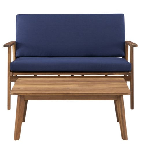 Cosgrove Acacia Wood Outdoor Loveseat Blue Cushion by Homeportonline