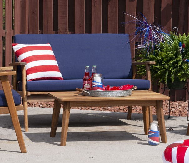 Cosgrove Acacia Wood Outdoor Loveseat Blue Cushion by Homeportonline