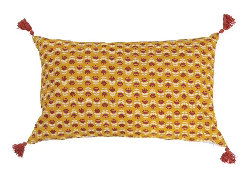 Pillow Lumbar Floral Design Cotton Corner Tassels Mustard Yellow & Rust 16" x 26" by Homeportonline