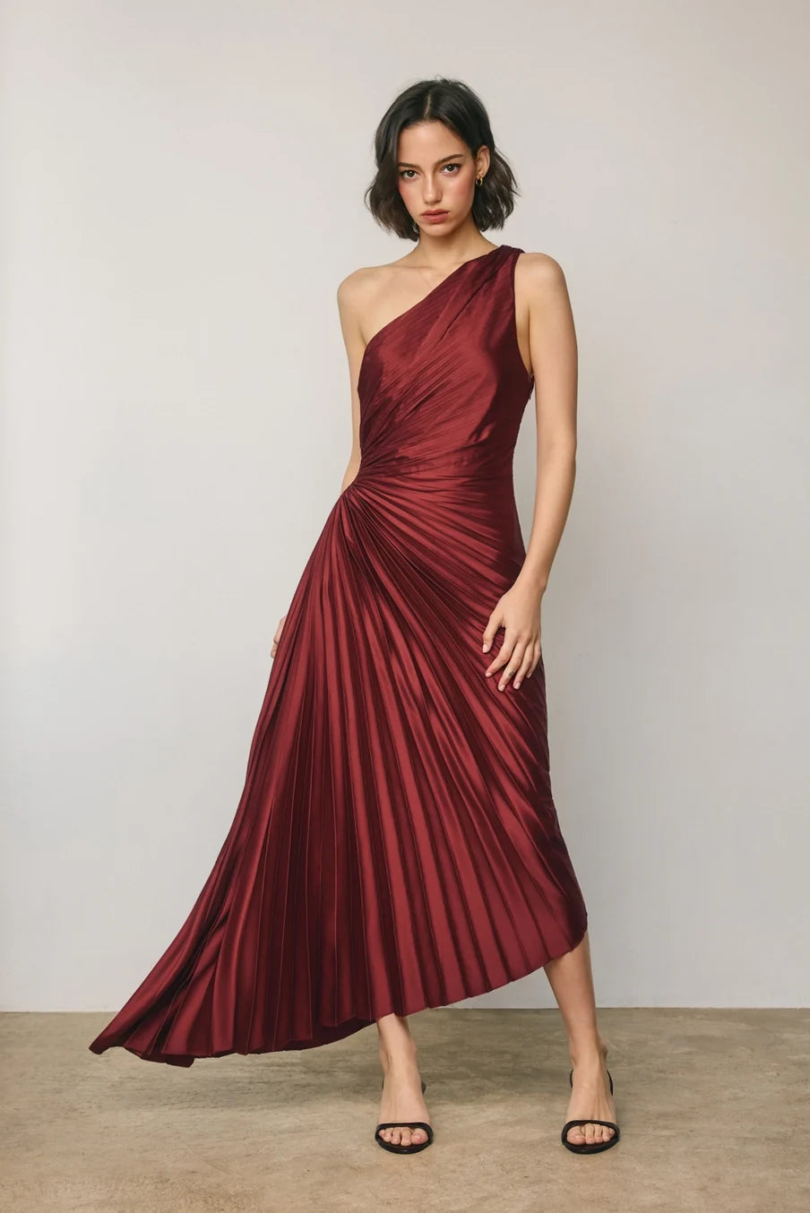 Dress Forum Satin One Shoulder Asymmetrical Pleated Dress