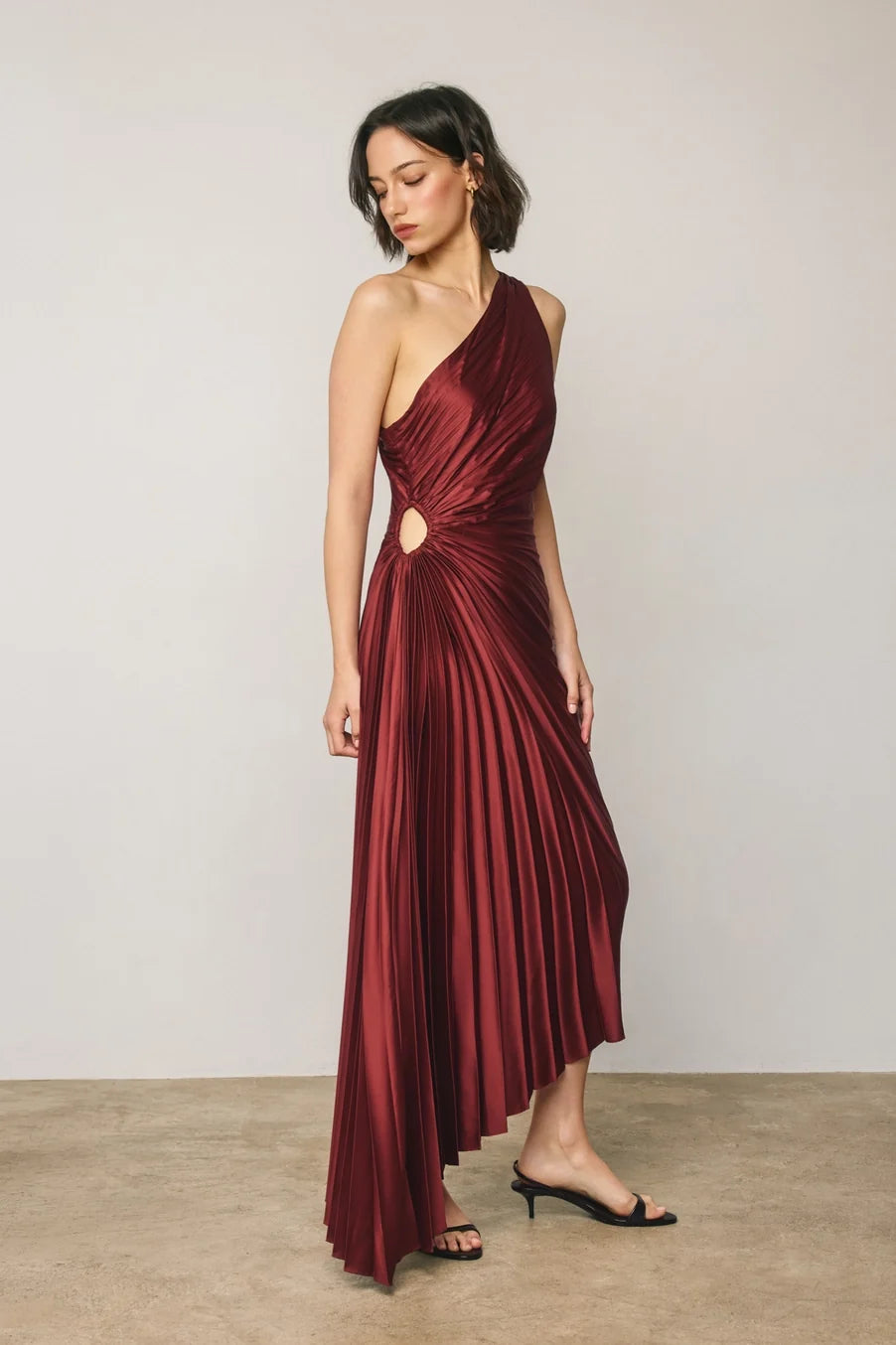 Dress Forum Satin One Shoulder Asymmetrical Pleated Dress