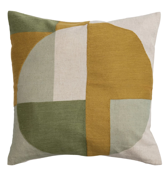 Pillow Cotton & Linen With Embroidery & Geometric Design Gold & Sage 16" Square by Homeportonline