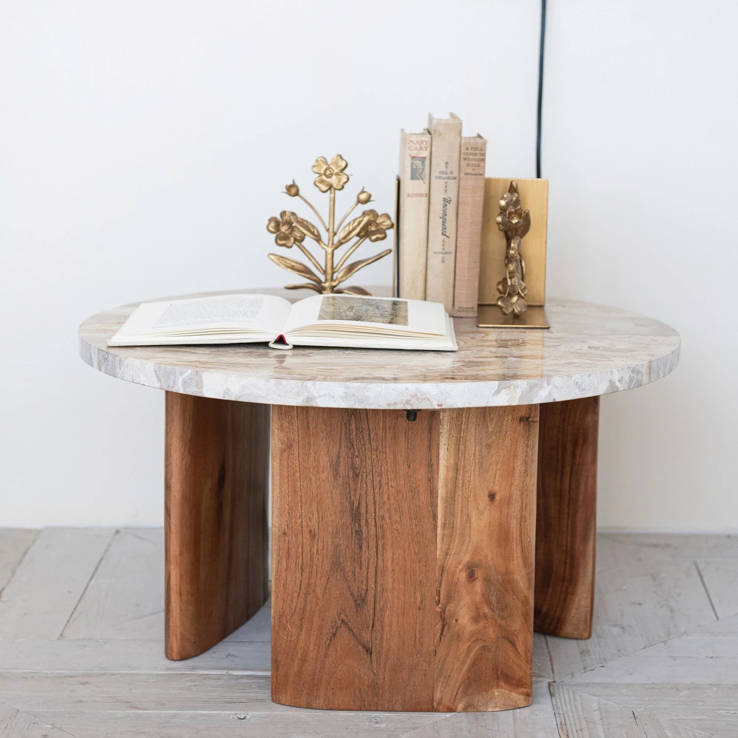 Marble & Acacia Wood Coffee Table 24" Round x 13.25"h by Homeportonline