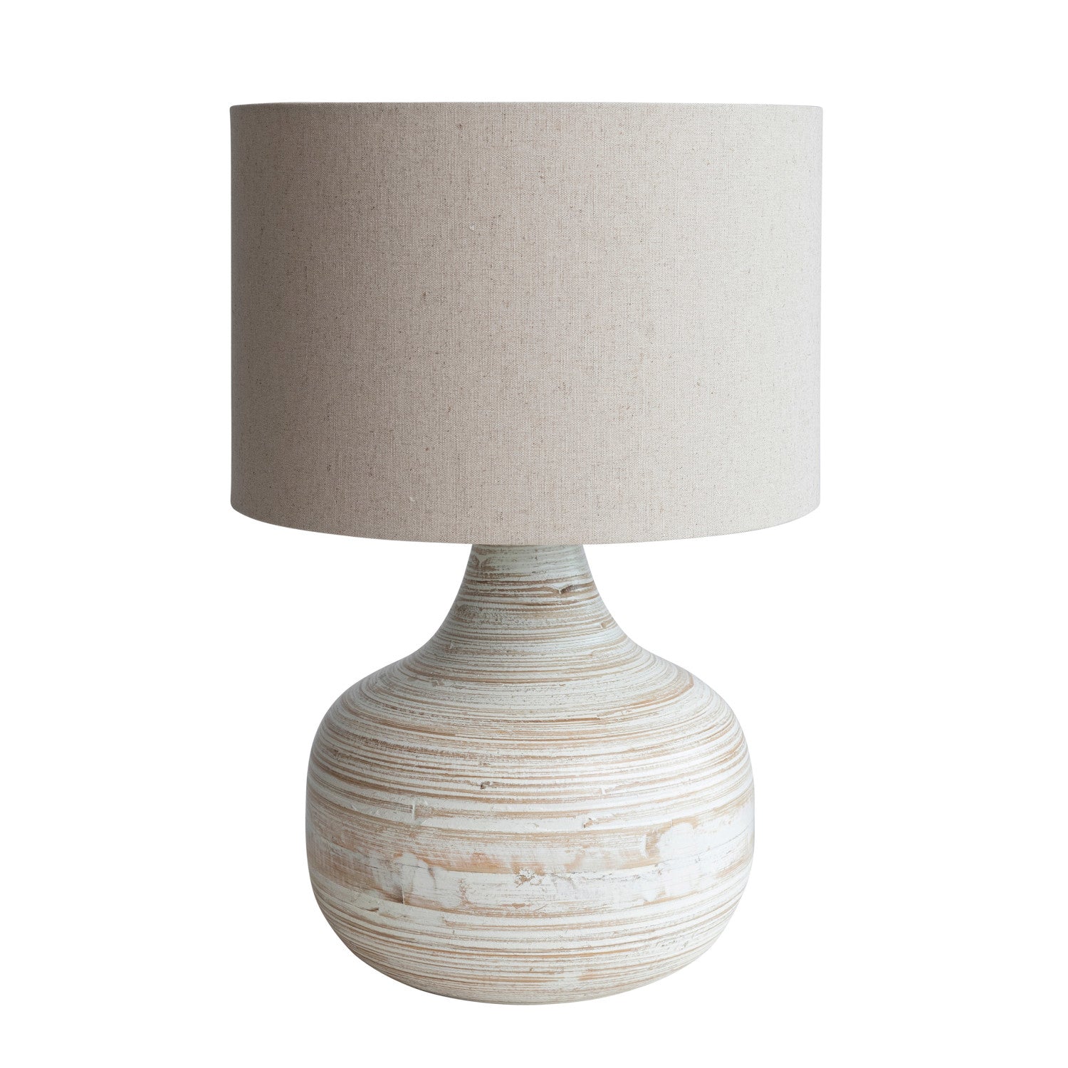 Lamp Tabletop Bamboo Whitewashed With Linen Shade 14" Round x 21-1/4"H by Homeportonline