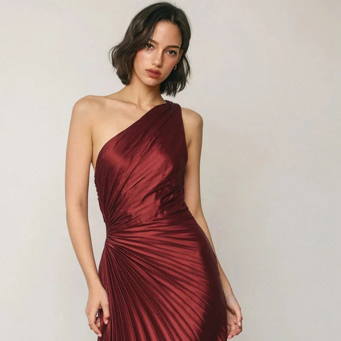 Dress Forum Satin One Shoulder Asymmetrical Pleated Dress