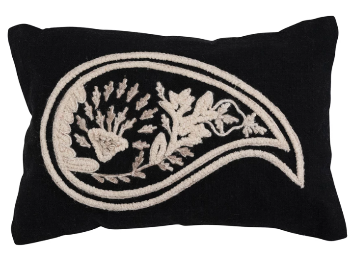 Pillow Lumbar Slub Embroidered Cotton Paisley Black and White 14" x 9" by Homeportonline