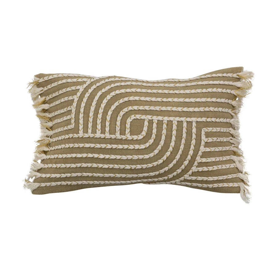Lumbar Pillow Embroidery & Fringe Cotton Slub Green 20" x 12" by Homeportonline