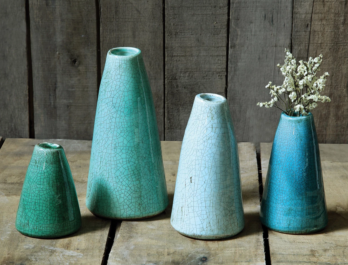 Vase Glazed Terracotta Cone Shape Turquoise 7.5" Large by Homeportonline