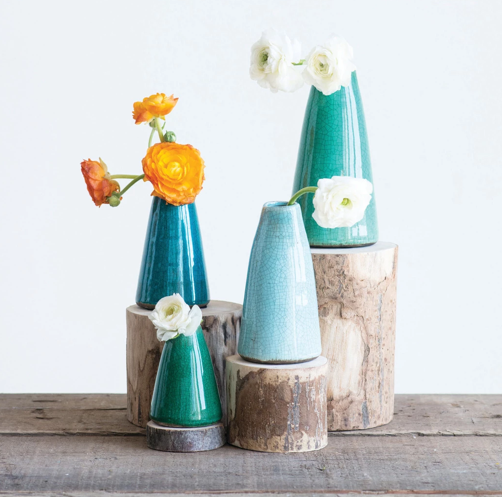 Vase Glazed Terracotta Cone Shape Turquoise 4" Extra Small by Homeportonline