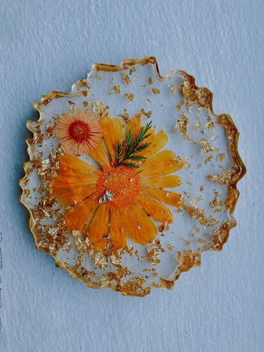 Boho Pressed Flower and Gold Leaf Coaster - Set of 4