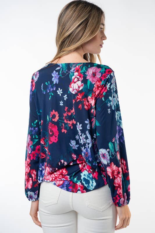 Navy Long Sleeve Floral Print Knit Top by SidePony Boutique