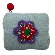 Felt Wool  Soft Gray Coin Purse with Flower Applique