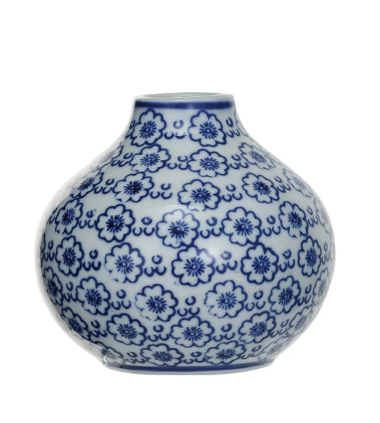 Vase Stoneware Hand-Stamped 3 Styles Blue & White Medium 4"h by Homeportonline