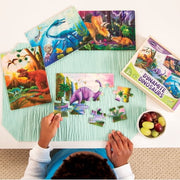 Peaceable Kingdom Dynamite Dinosaurs 4-in-1 Wooden Jigsaw Puzzles in a Wooden Storage Box  Dinosaur Puzzle  Educational Girls Boys