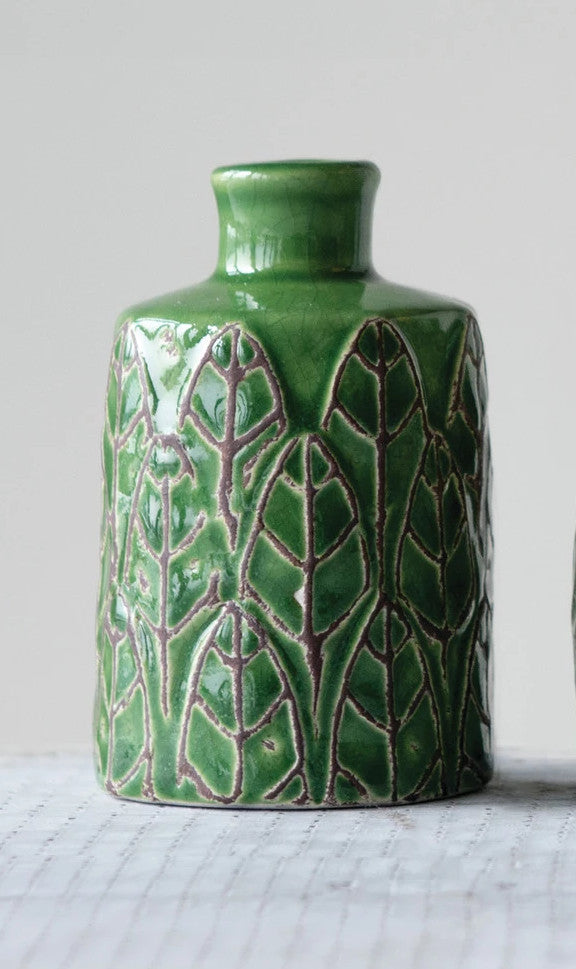 Vase Stoneware Embossed Green 4.5" High Large by Homeportonline