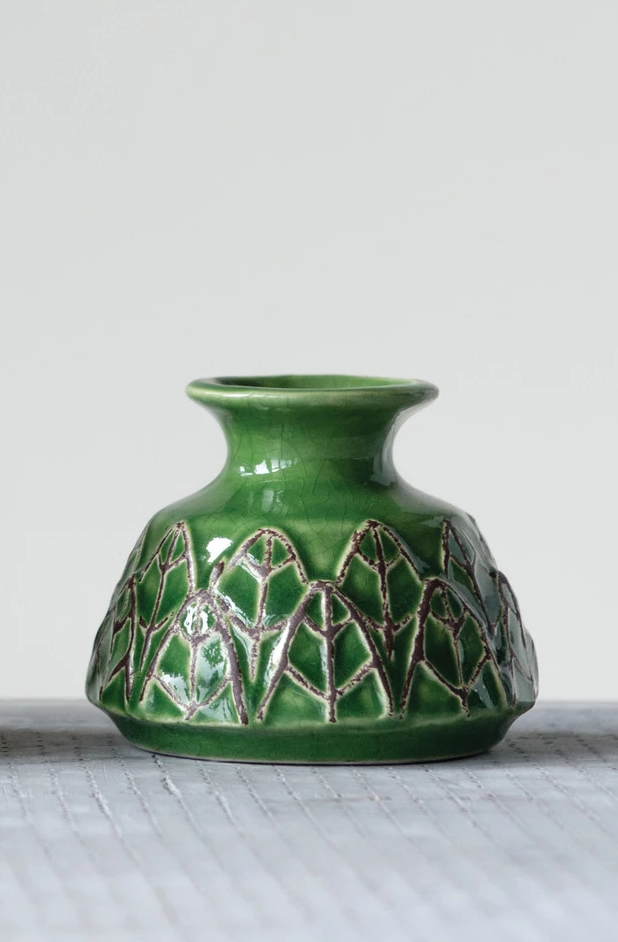 Vase Stoneware Embossed Green 2.25" High Small by Homeportonline