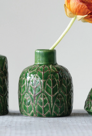 Vase Stoneware Embossed Green 3.75" High Medium by Homeportonline