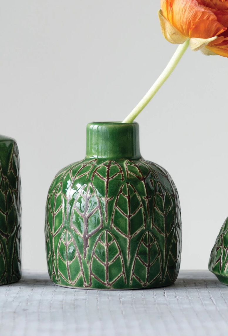 Vase Stoneware Embossed Green 3.75" High Medium by Homeportonline