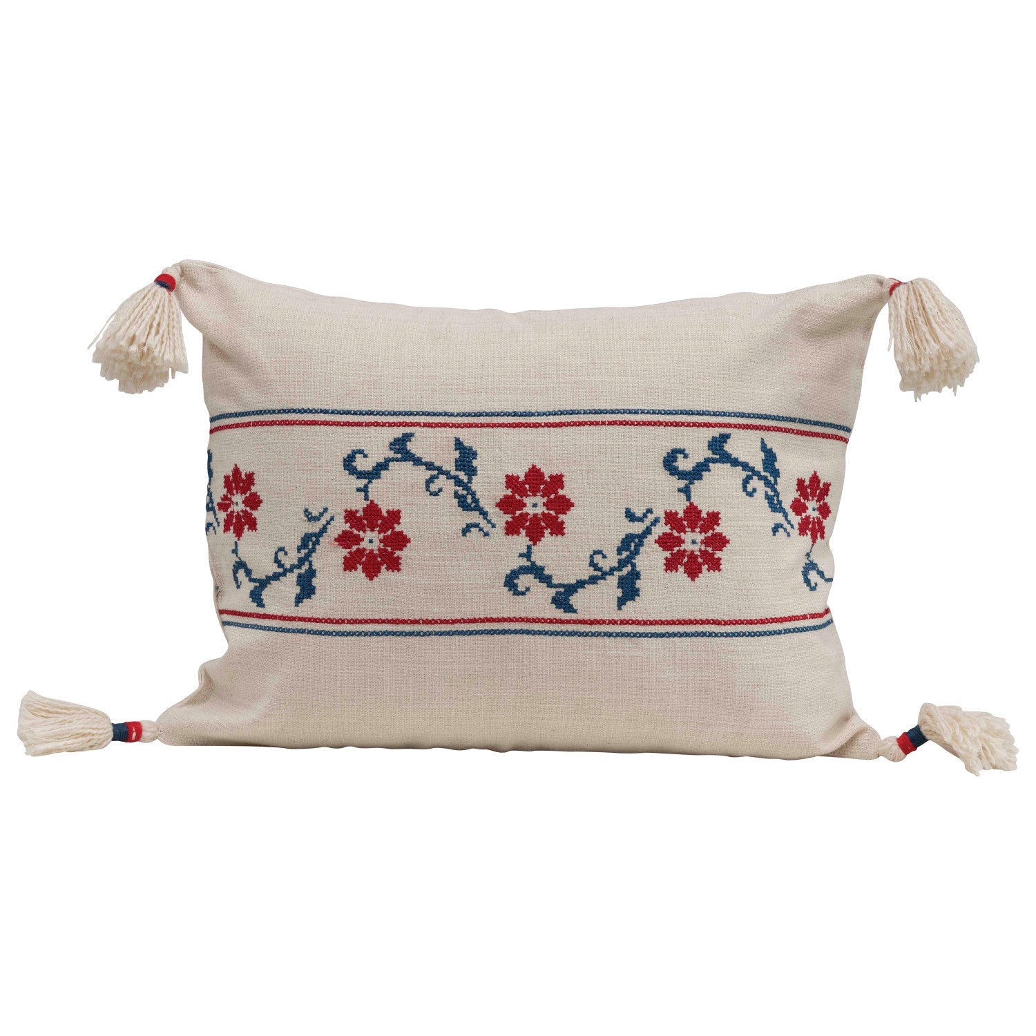 Lumbar Pillow Floral Embroidery with Tassels & 20" x 14" by Homeportonline