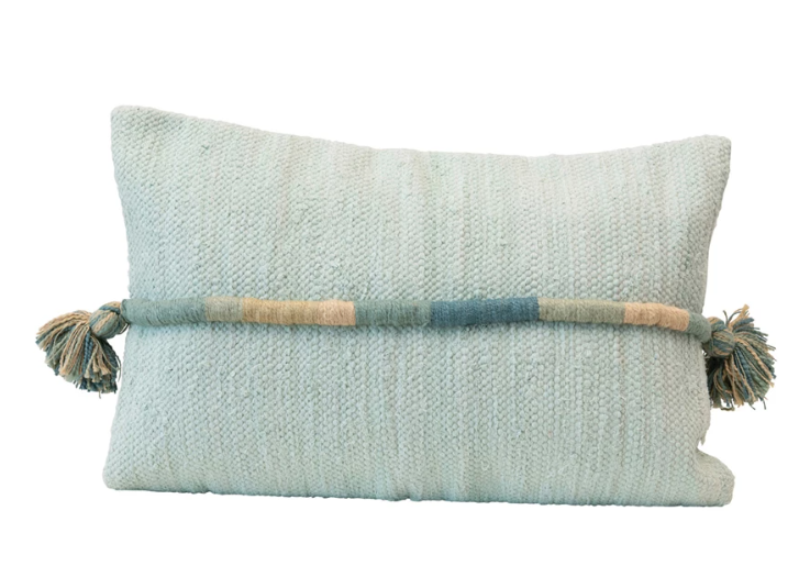 Pillow Lumbar Wrapped Appliqued Cord and Tassels Cotton Blue 24"L x 16"H by Homeportonline