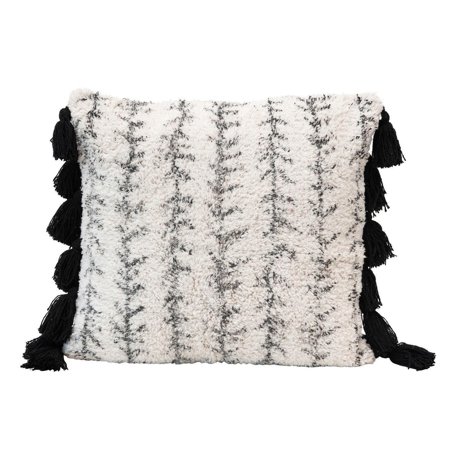 Pillow Printed Tufted with Tassels Cotton Black & Cream 18" Square by Homeportonline