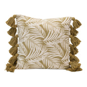 Pillow Palm Frond Pattern & Tassels Cotton Green 18" Square by Homeportonline