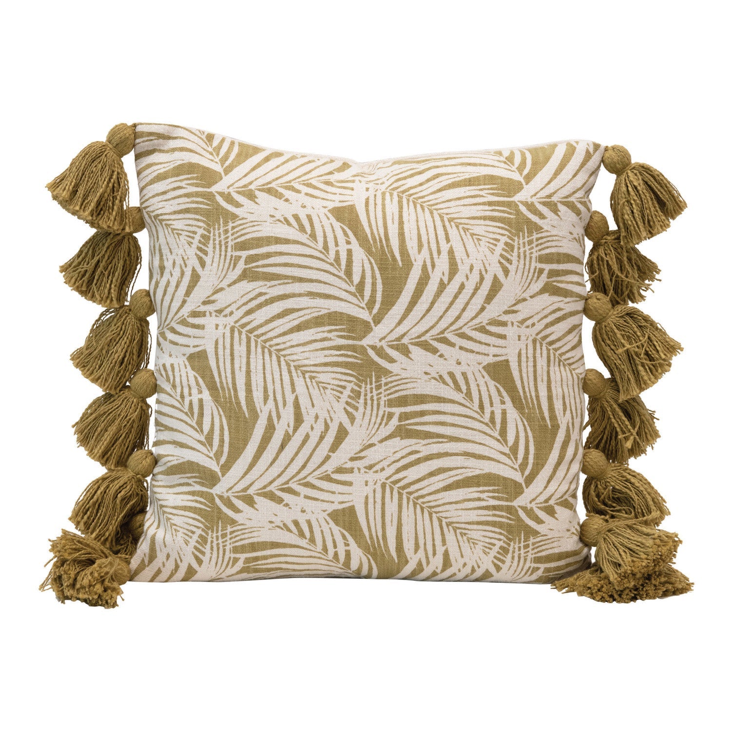 Pillow Palm Frond Pattern & Tassels Cotton Green 18" Square by Homeportonline