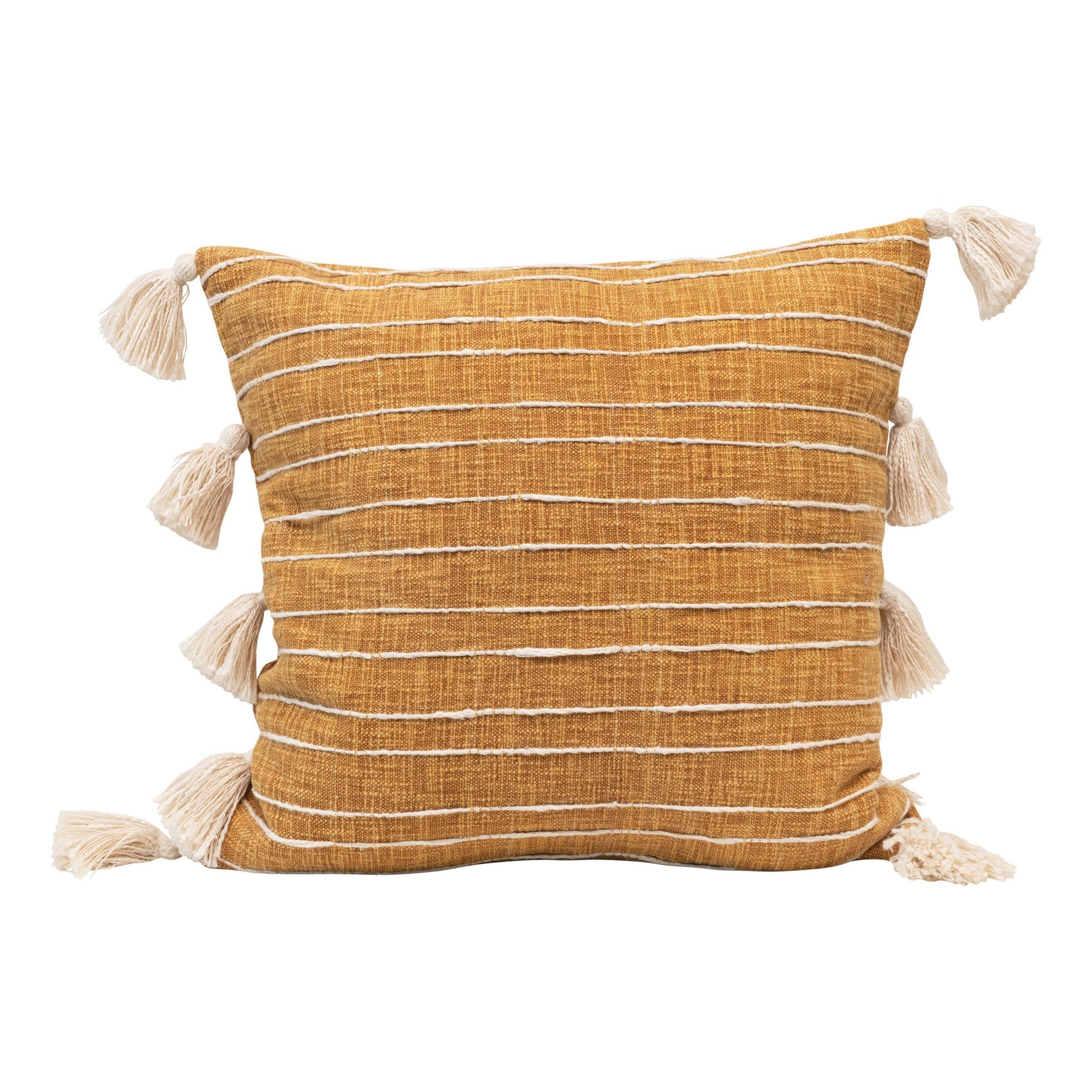 Pillow Cotton Woven White Stripes + Side Tassels Yellow 22" by Homeportonline