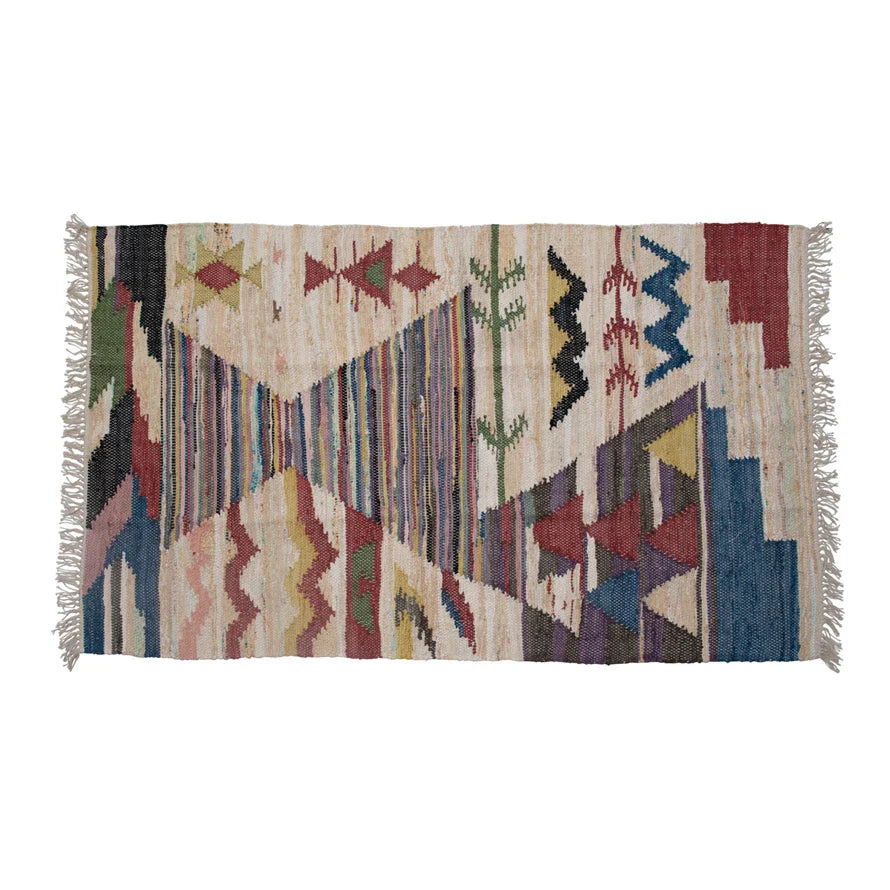 Rug Woven Cotton Aztec Design With Fringe 4'x6' Multi Color by Homeportonline