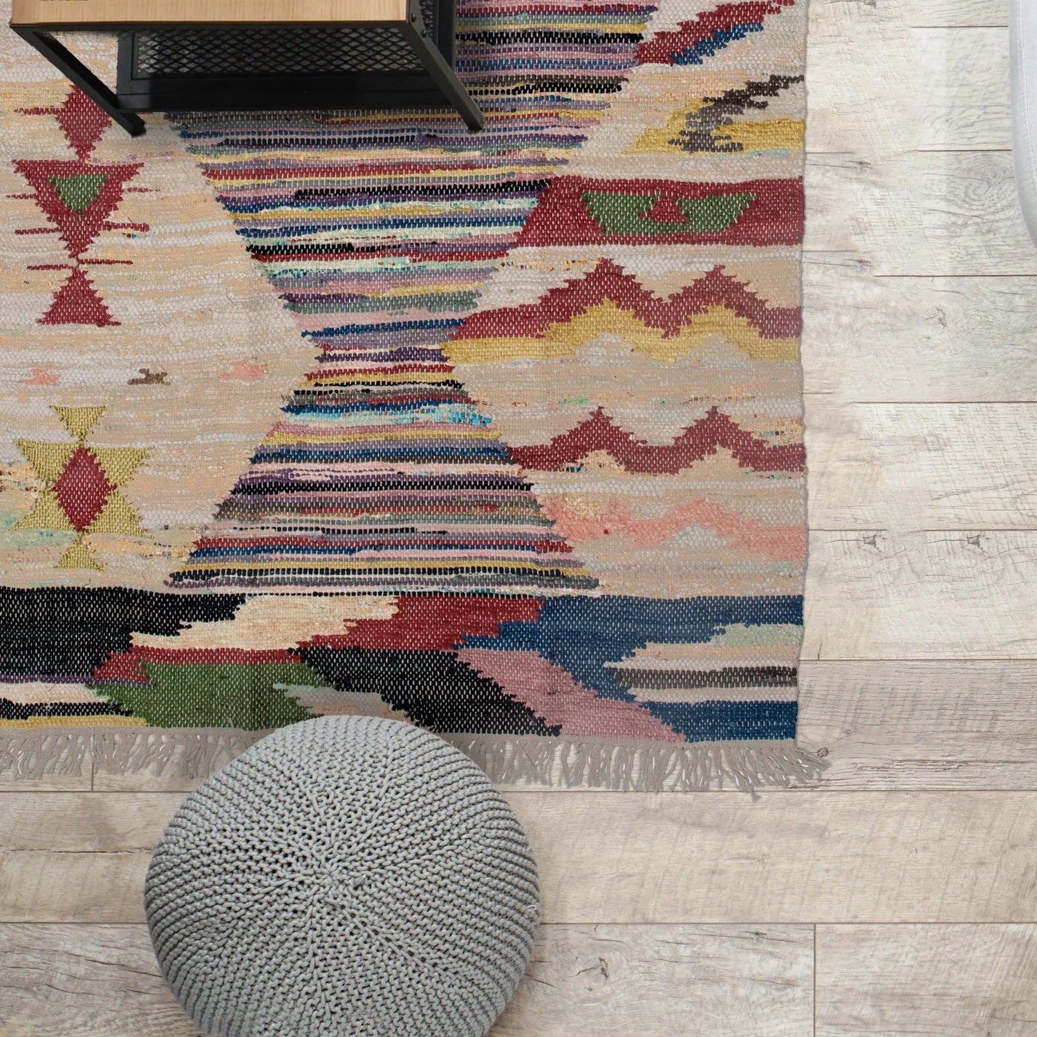 Rug Woven Cotton Aztec Design With Fringe 4'x6' Multi Color by Homeportonline