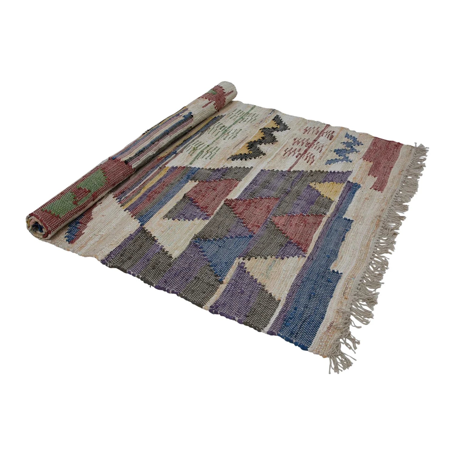 Rug Woven Cotton Aztec Design With Fringe 4'x6' Multi Color by Homeportonline