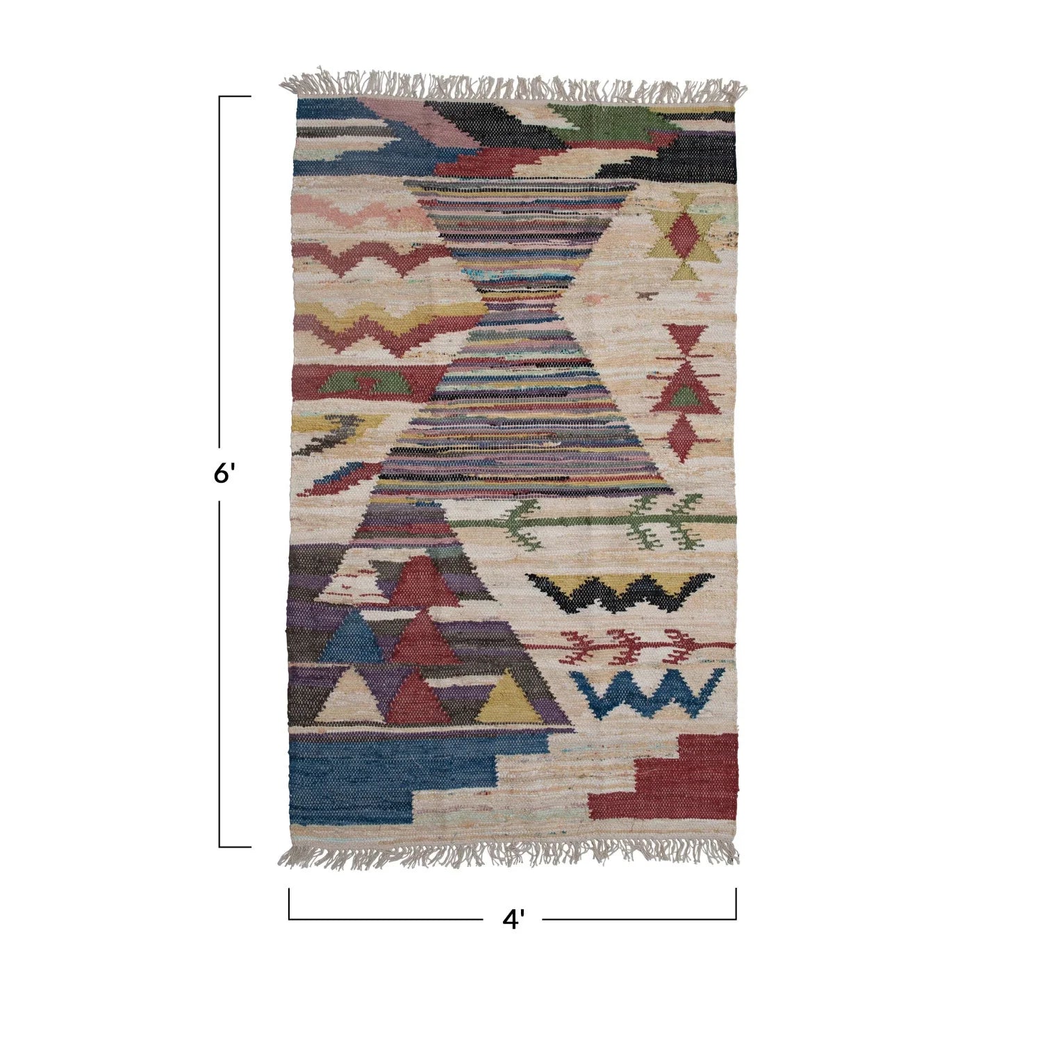 Rug Woven Cotton Aztec Design With Fringe 4'x6' Multi Color by Homeportonline