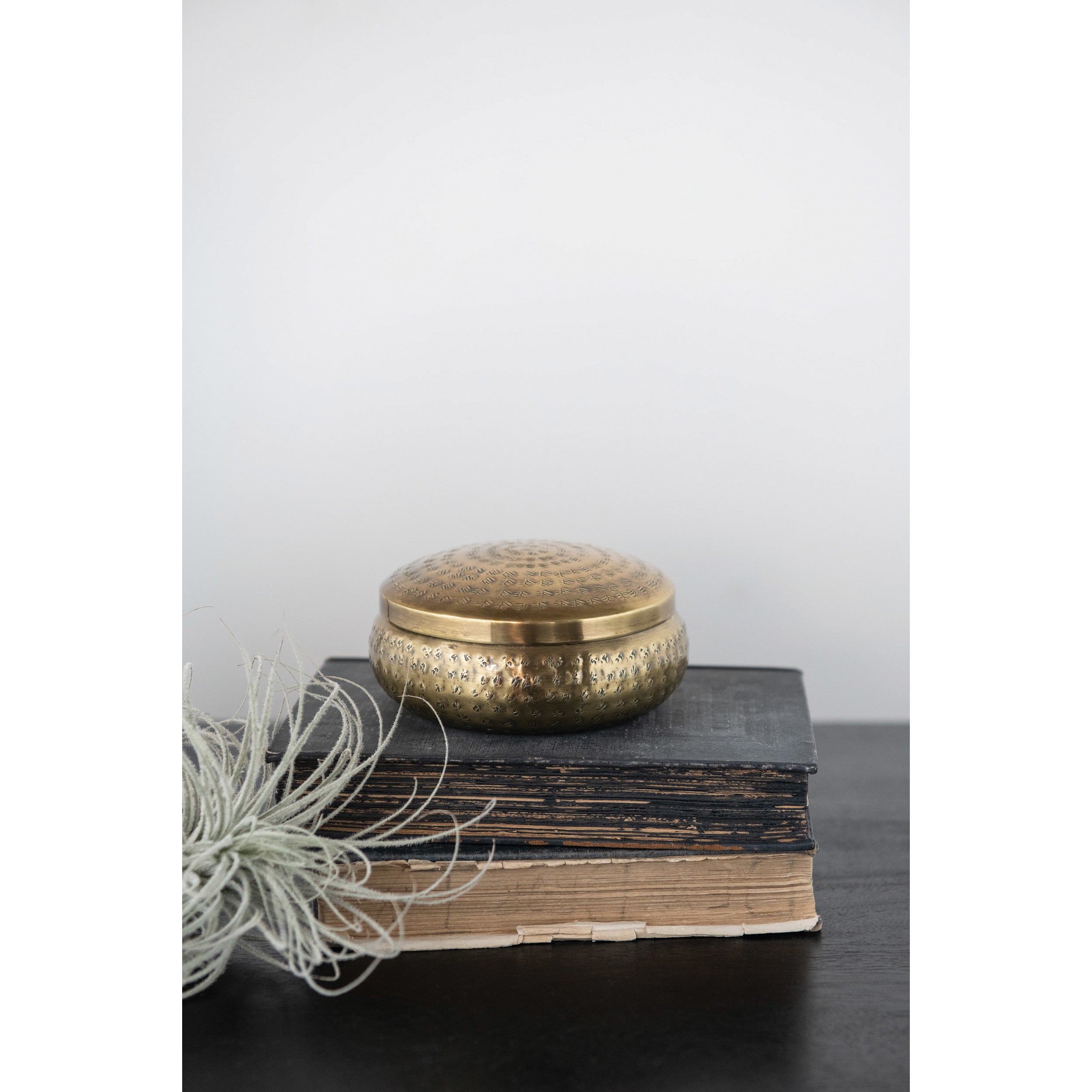 5" Round x 2"H Hammered Metal Container, Brass Finish by Homeportonline