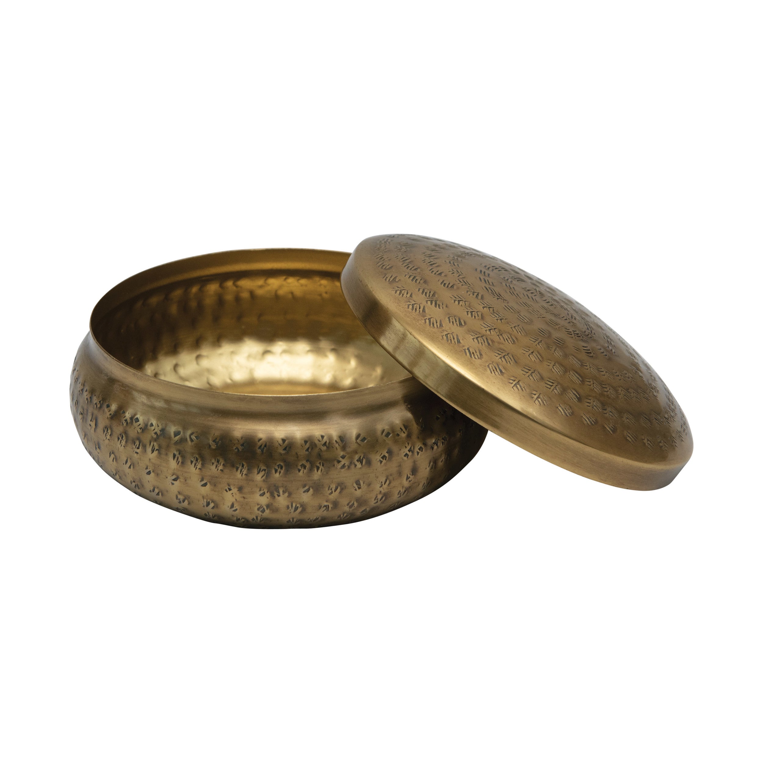5" Round x 2"H Hammered Metal Container, Brass Finish by Homeportonline