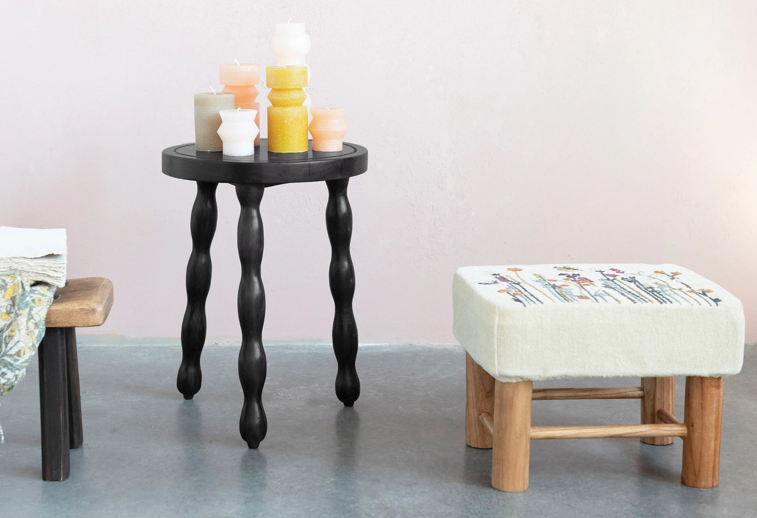 Foot Stool Ottoman Embroidered Floral Top by Homeportonline