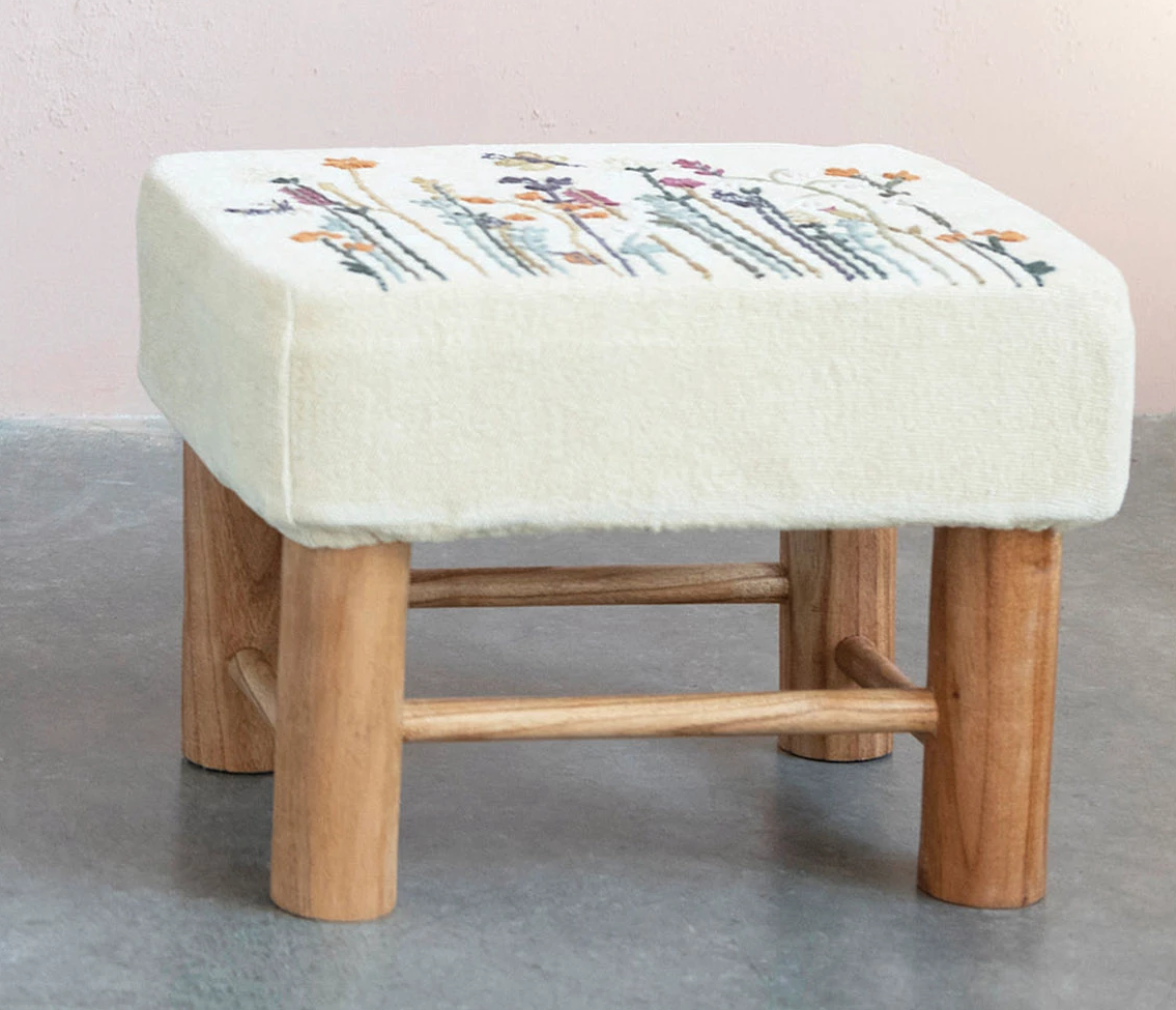 Foot Stool Ottoman Embroidered Floral Top by Homeportonline