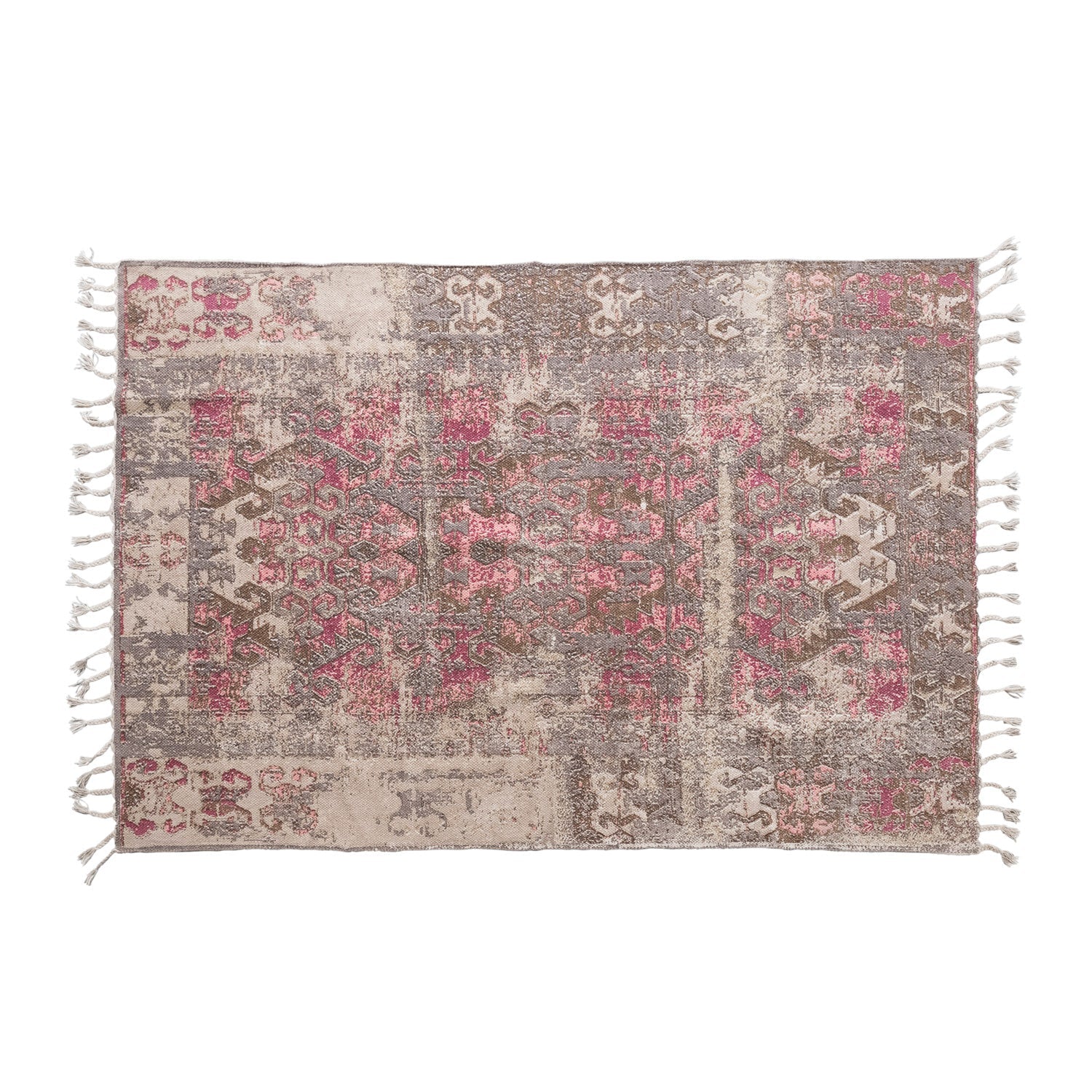Rug Woven Cotton Distressed Print Braided Fringe Pink, Beige & Brown 4' x 6' by Homeportonline
