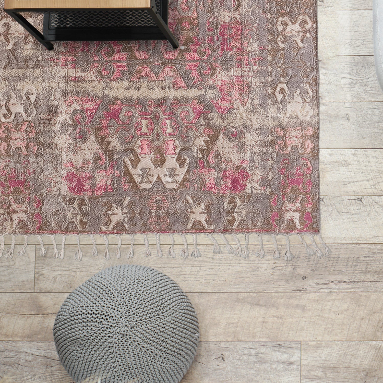 Rug Woven Cotton Distressed Print Braided Fringe Pink, Beige & Brown 4' x 6' by Homeportonline