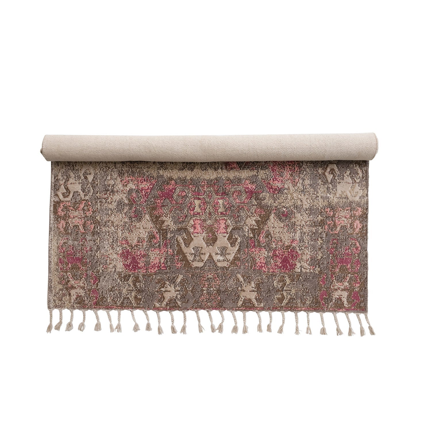 Rug Woven Cotton Distressed Print Braided Fringe Pink, Beige & Brown 4' x 6' by Homeportonline