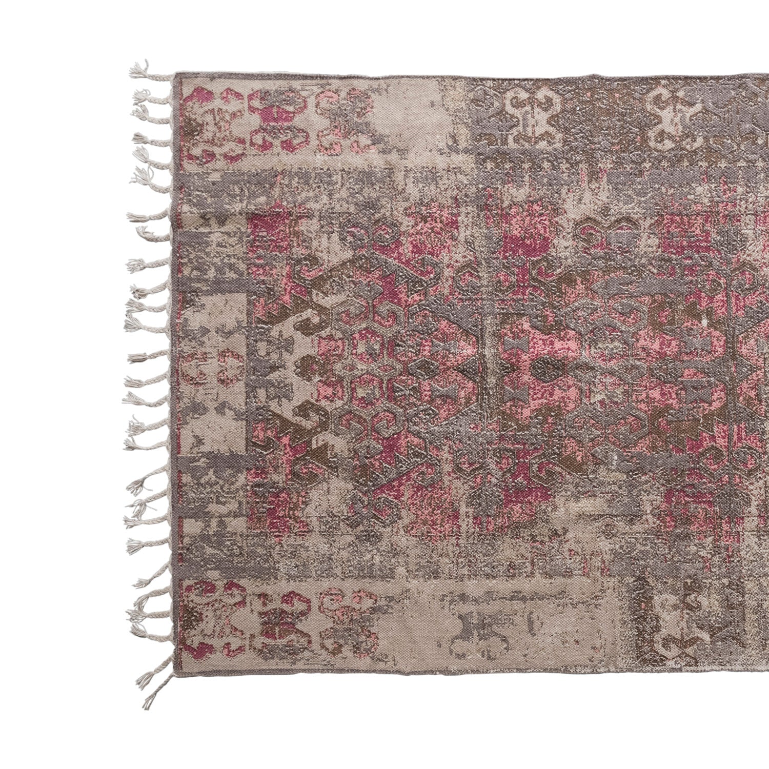 Rug Woven Cotton Distressed Print Braided Fringe Pink, Beige & Brown 4' x 6' by Homeportonline