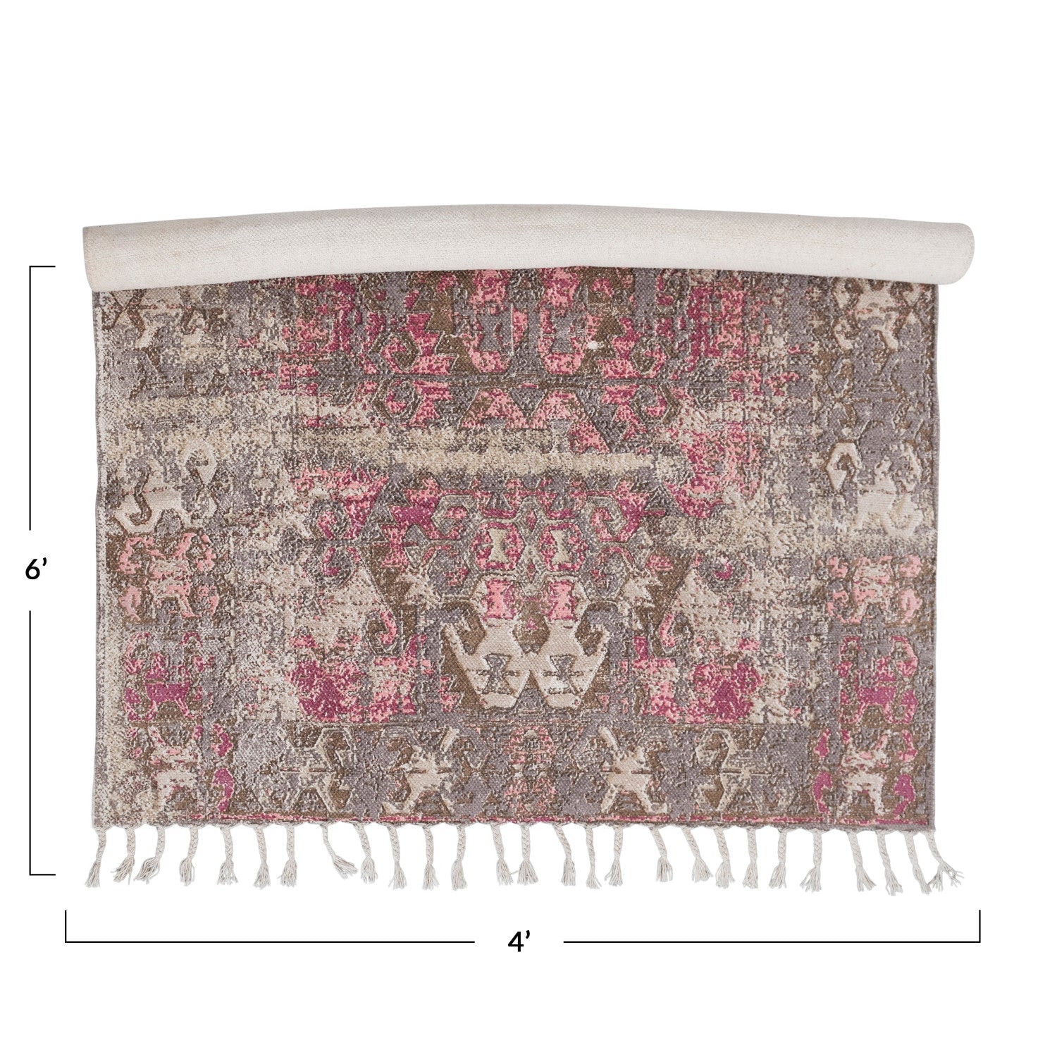 Rug Woven Cotton Distressed Print Braided Fringe Pink, Beige & Brown 4' x 6' by Homeportonline