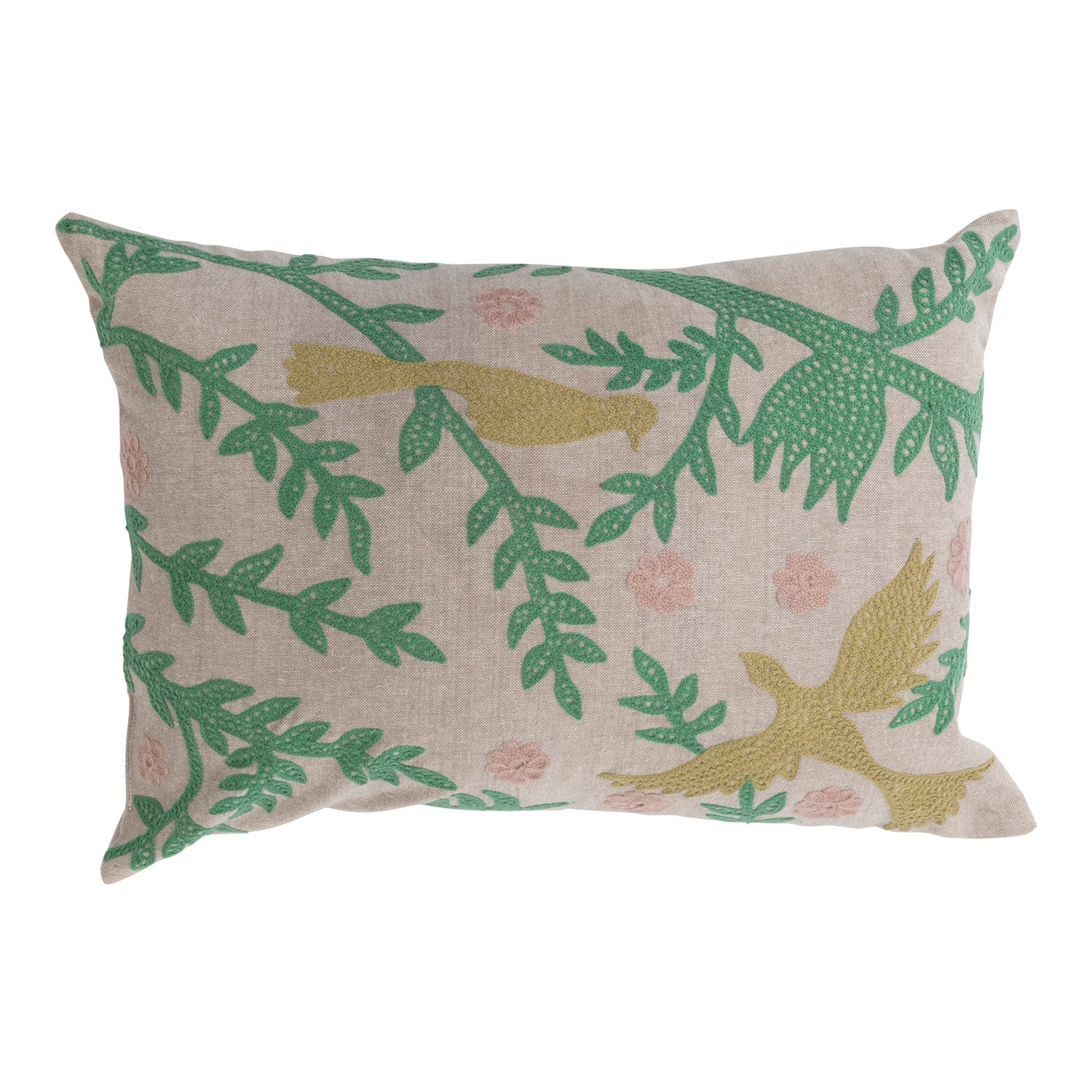 Lumbar Pillow Chambray with Bird Embroidery Cotton 20" x 14" by Homeportonline
