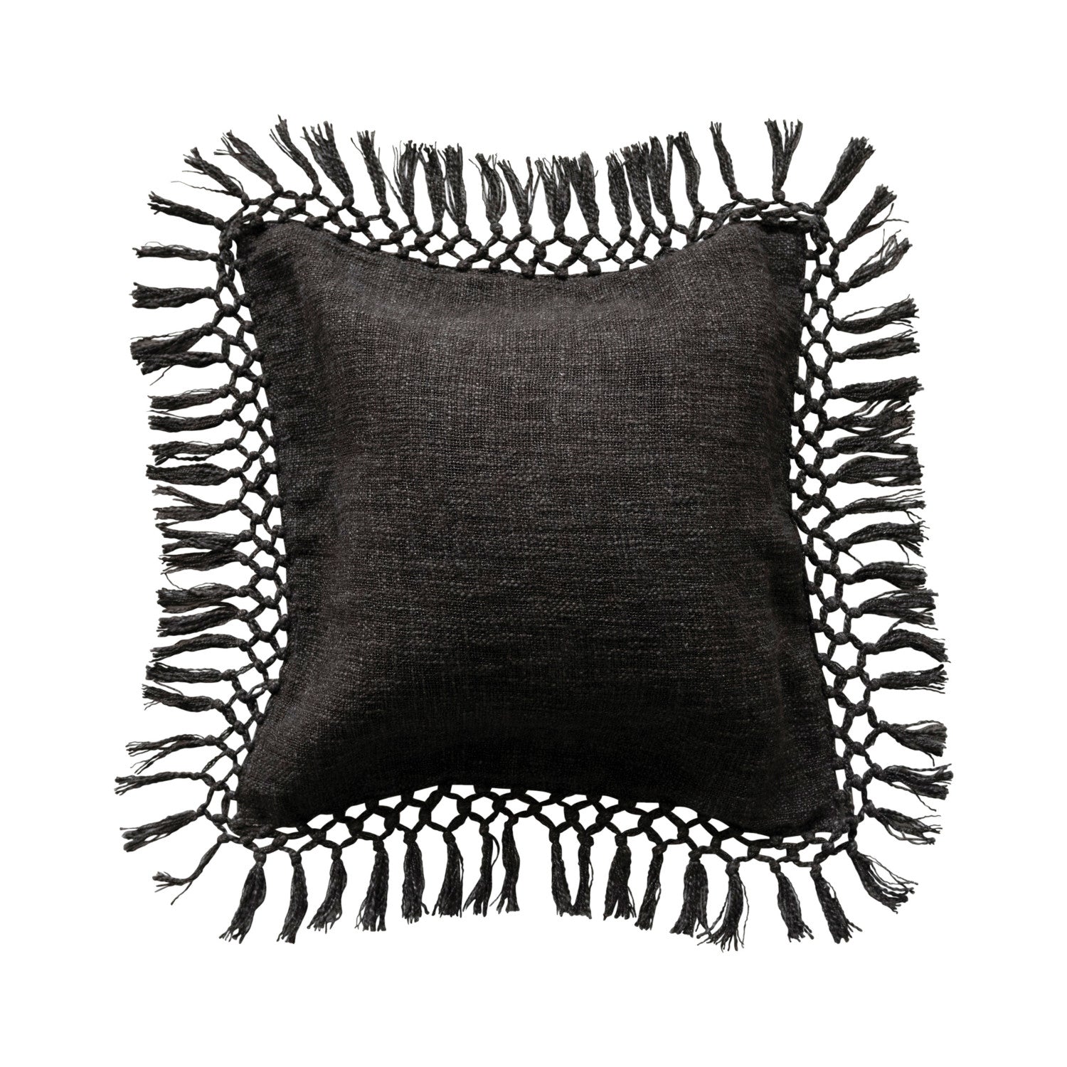 Pillow Crochet & Fringe Cotton Slub Black 20" Square by Homeportonline