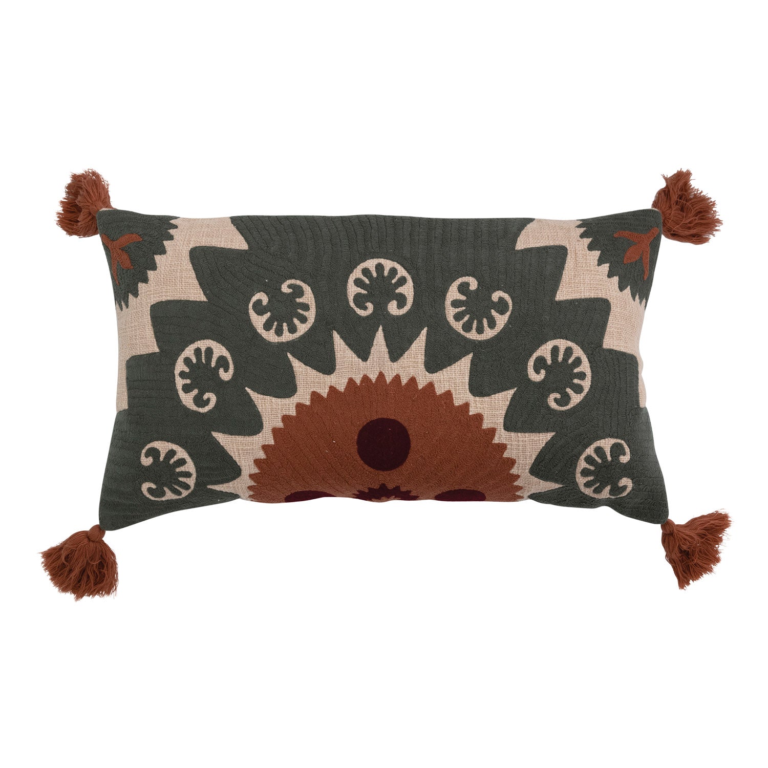Lumbar Pillow Suzani Embroidery & Tassels Cotton with 28" x 16" by Homeportonline