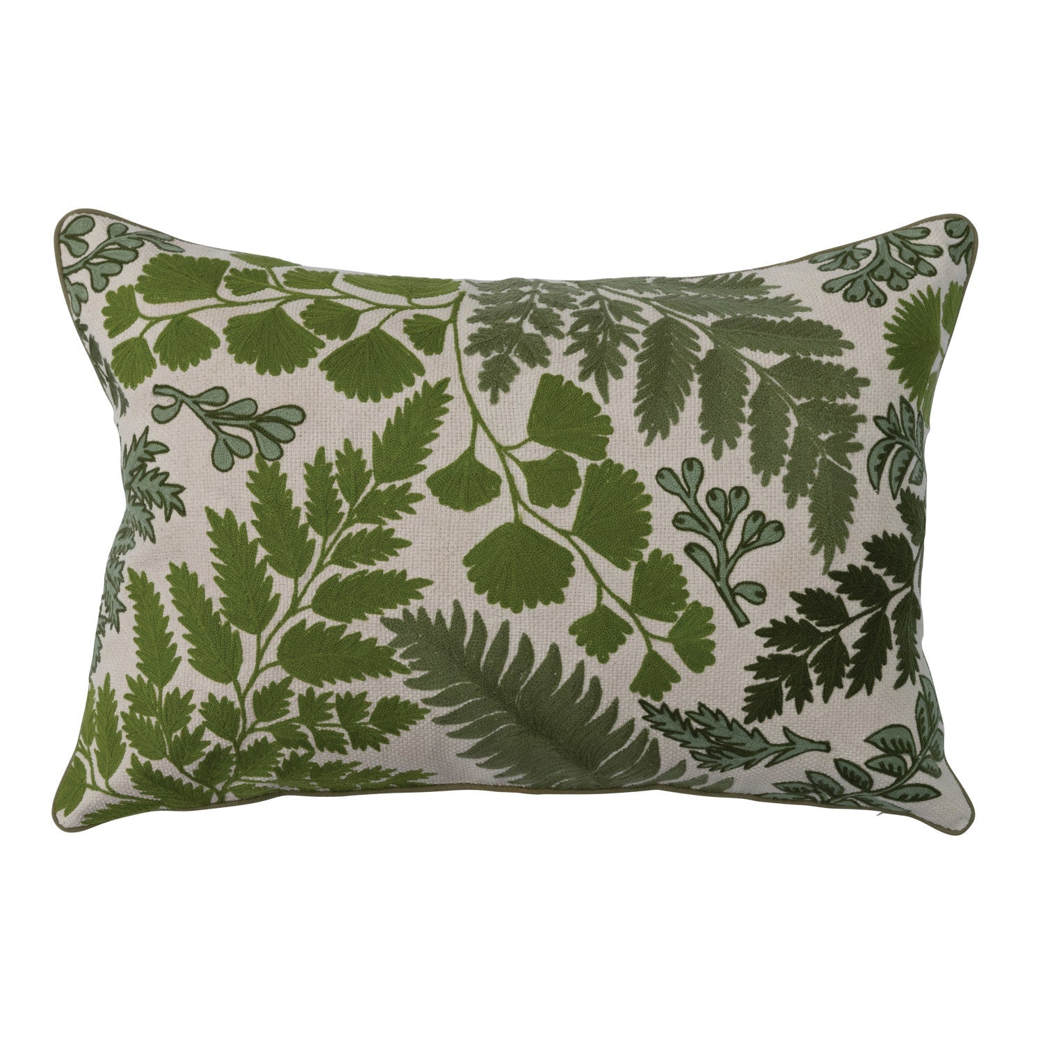24"L x 16"H Cotton Embroidered Lumbar Pillow w/ Botanicals, Green & Natural by Homeportonline