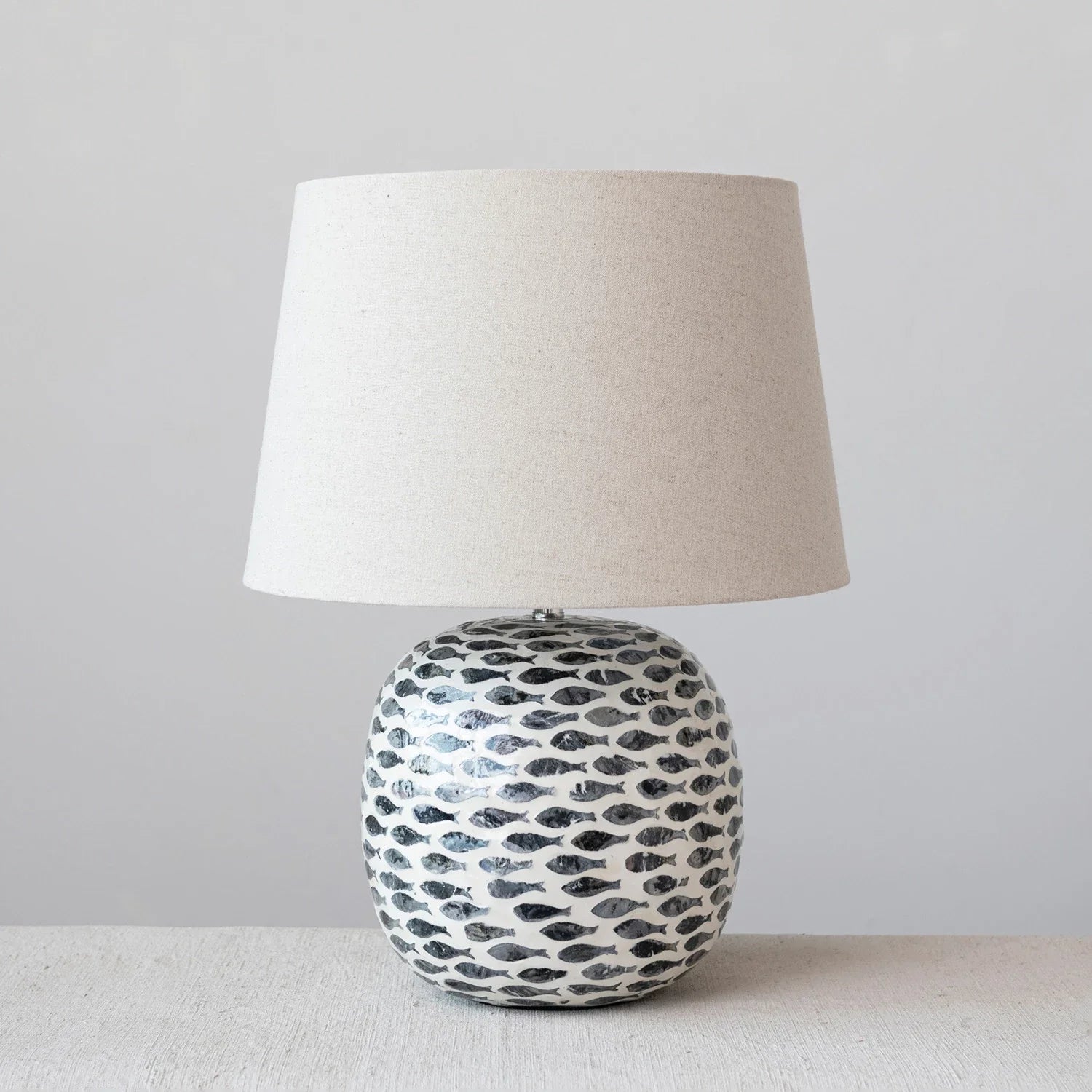 Lamp Tabletop Bamboo Fish Pattern Linen Shade Blue & White by Homeportonline