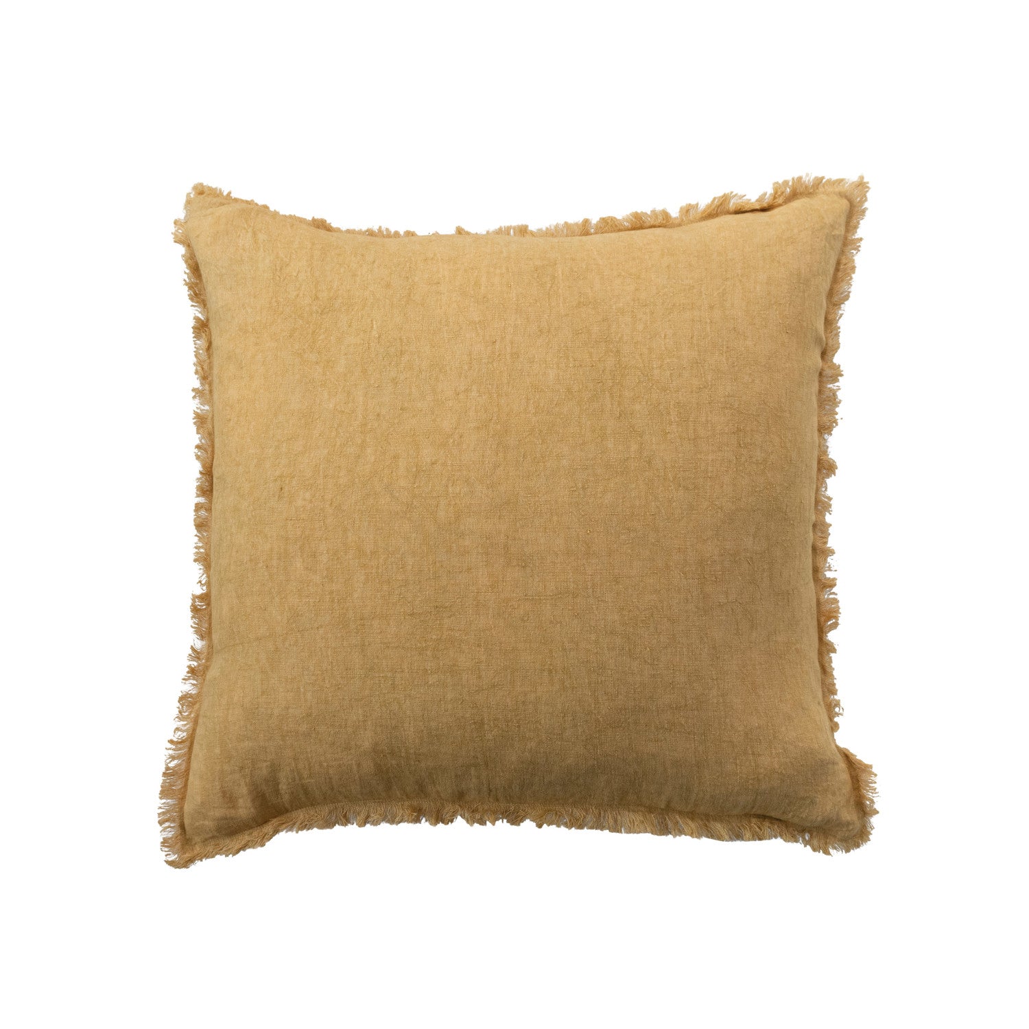 20" Square Stonewashed Linen Pillow w/ Fringe Mustard Color by Homeportonline